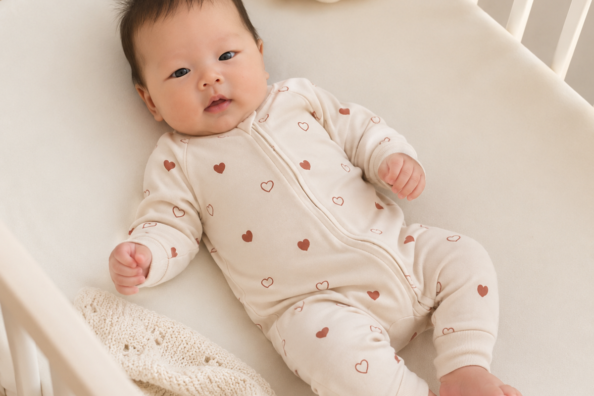 baby laying on the bed wearing heart bodysuit