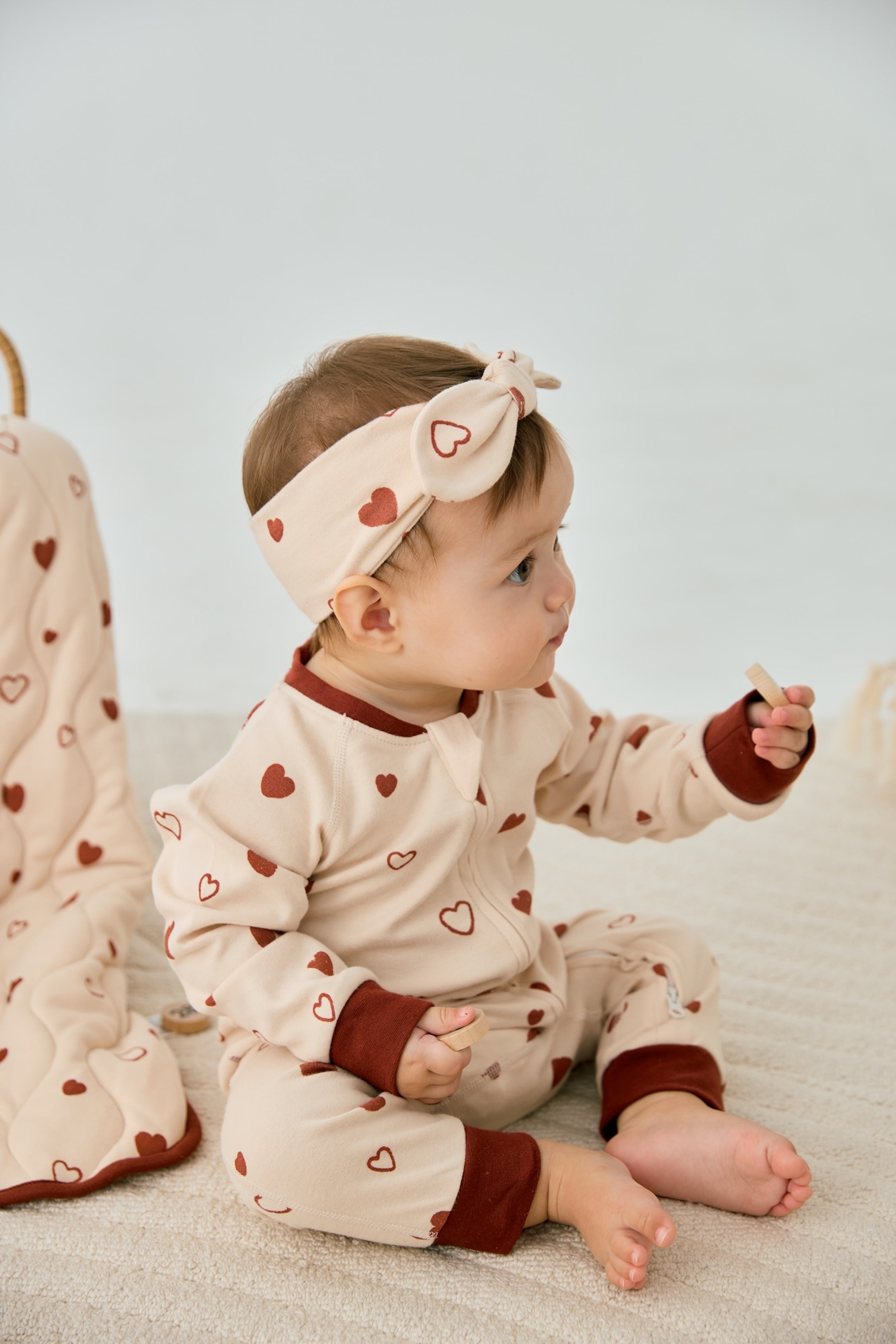 Baby Organic Cotton Zip-up Sleeper-Hearts and head bow