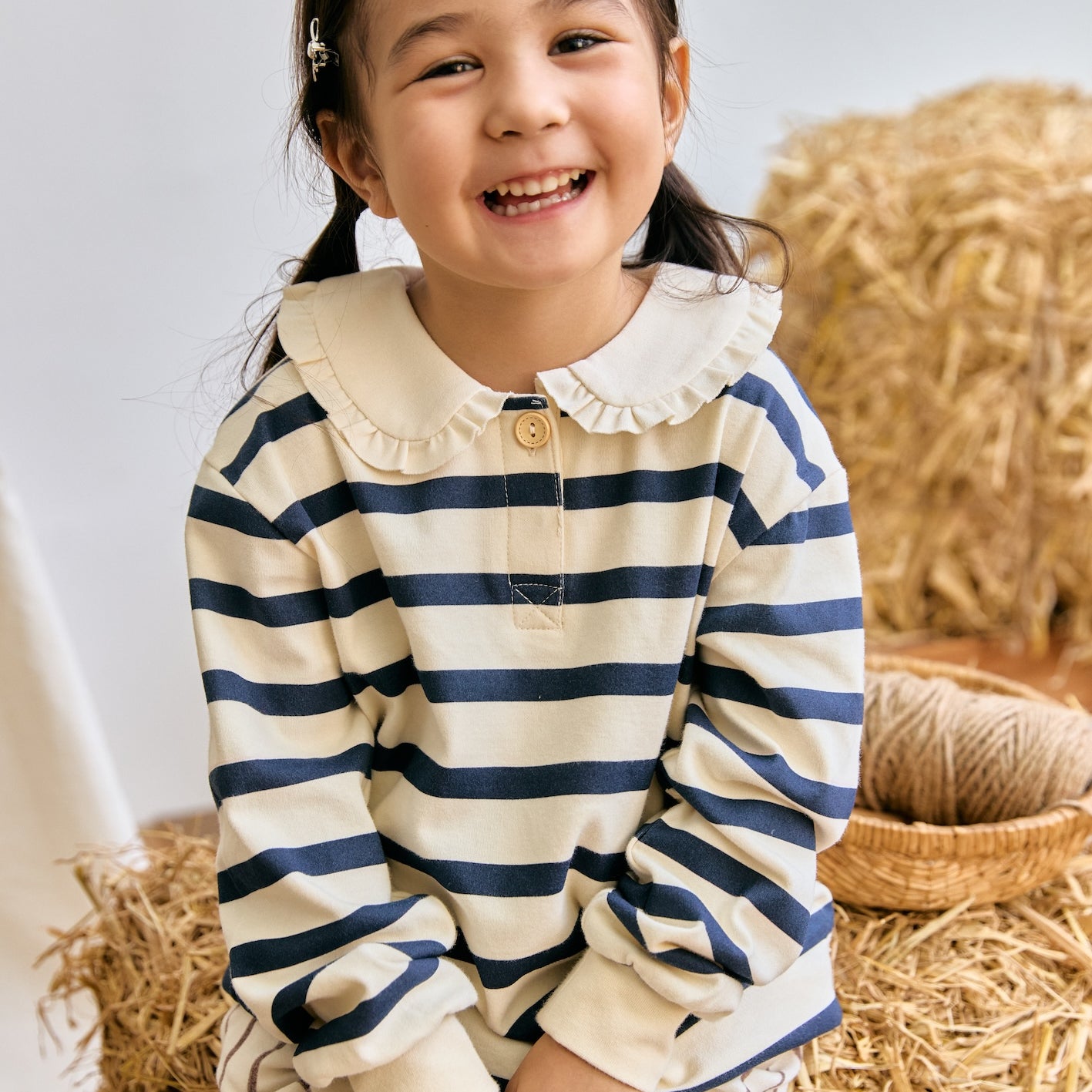 Collar Long-sleeve shirt-Navy Stripe