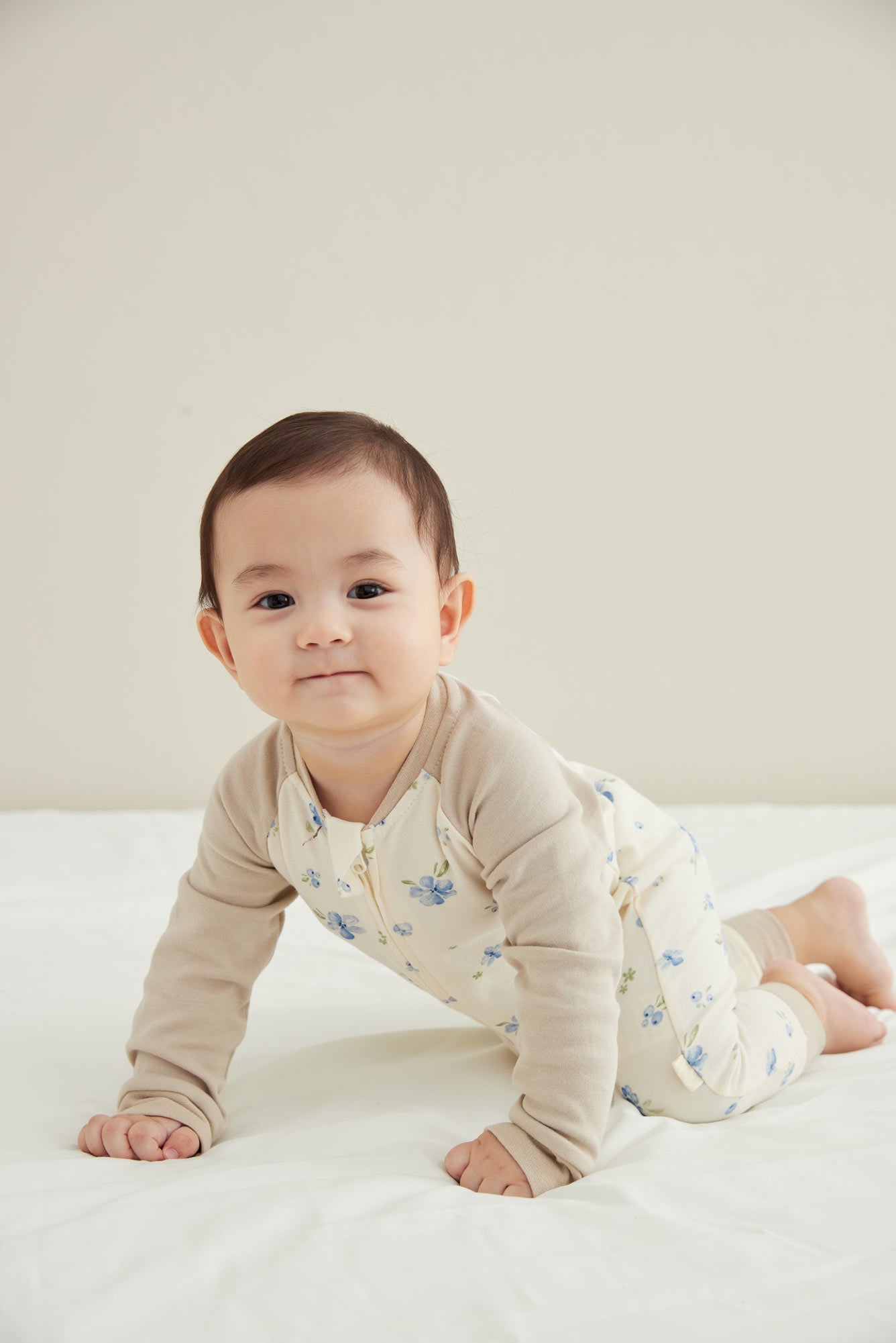 Model Wearing Baby Organic Cotton Zip-up Sleeper-Blueberry