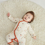 Baby laydown and wearing Baby Organic Kimono Sleeper-Maple Leaf