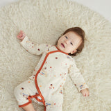 Baby laydown and wearing Baby Organic Kimono Sleeper-Maple Leaf