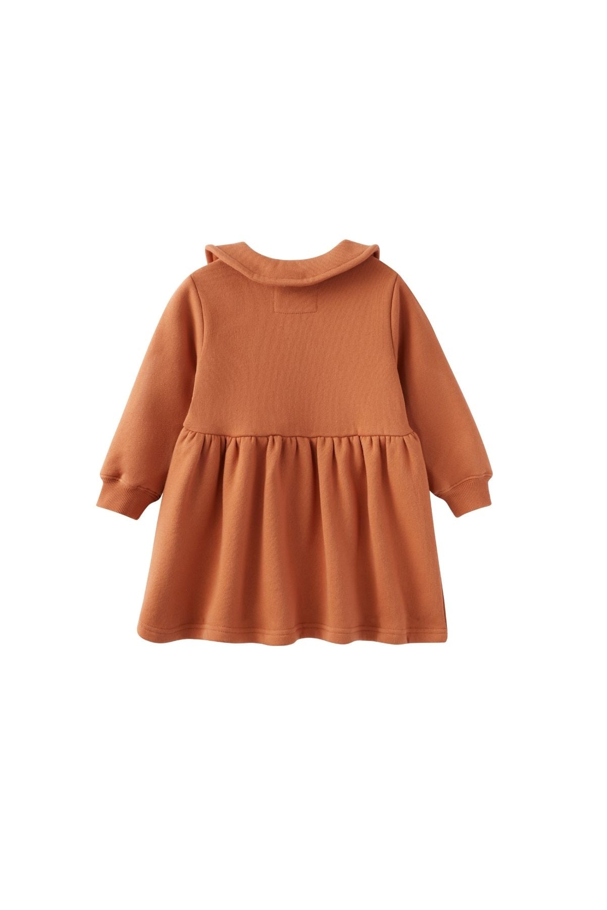 back of Toddler Fleece Collar Sweatshirt Dress-Rust