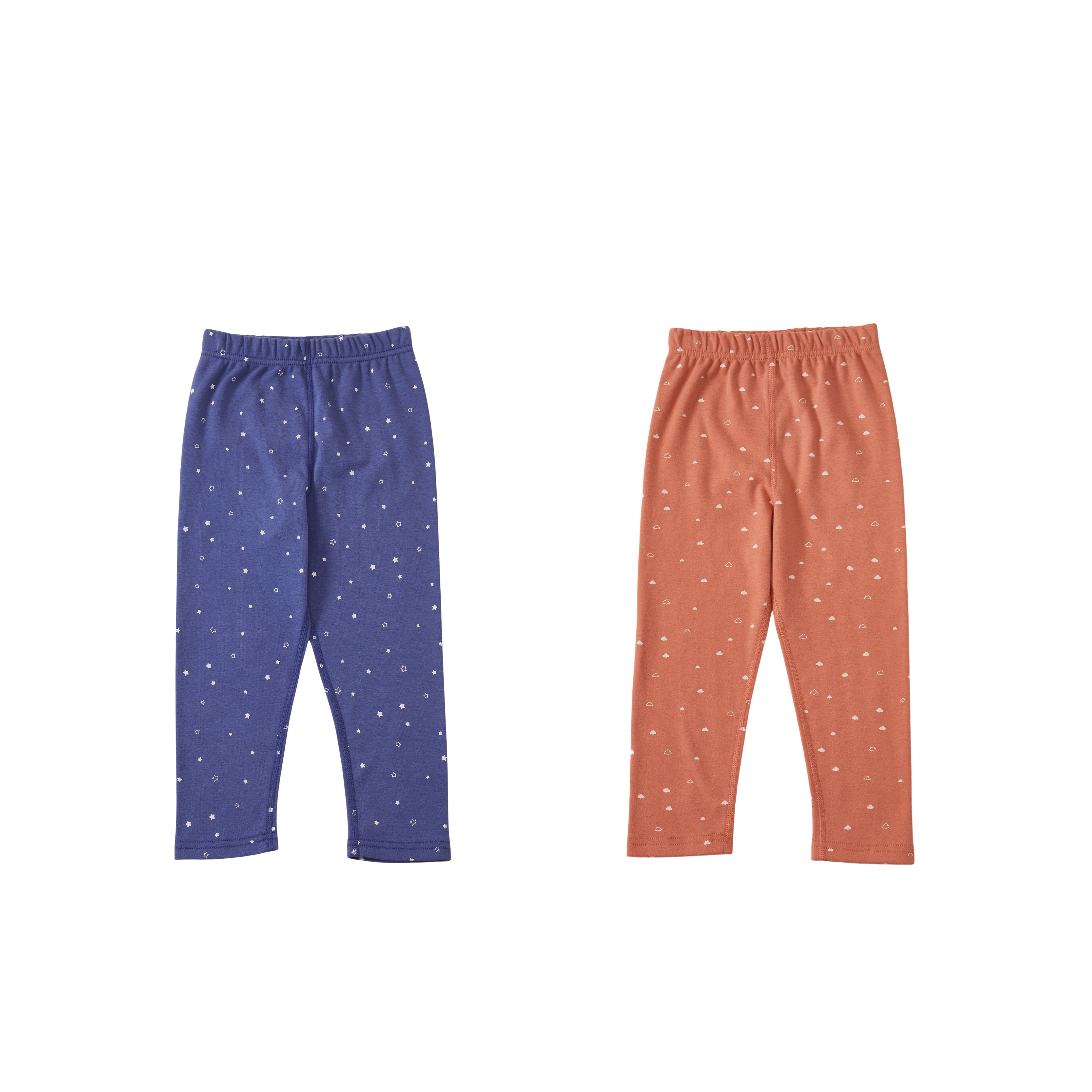 Two pairs of pajama pants, one blue with white stars and one orange with white patterns, on a white background.