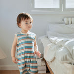 baby standing and wearing bamboo tank romper-stripe