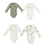 Four baby bodysuits with fruit pattern on a white background