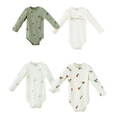 Four baby bodysuits with fruit pattern on a white background