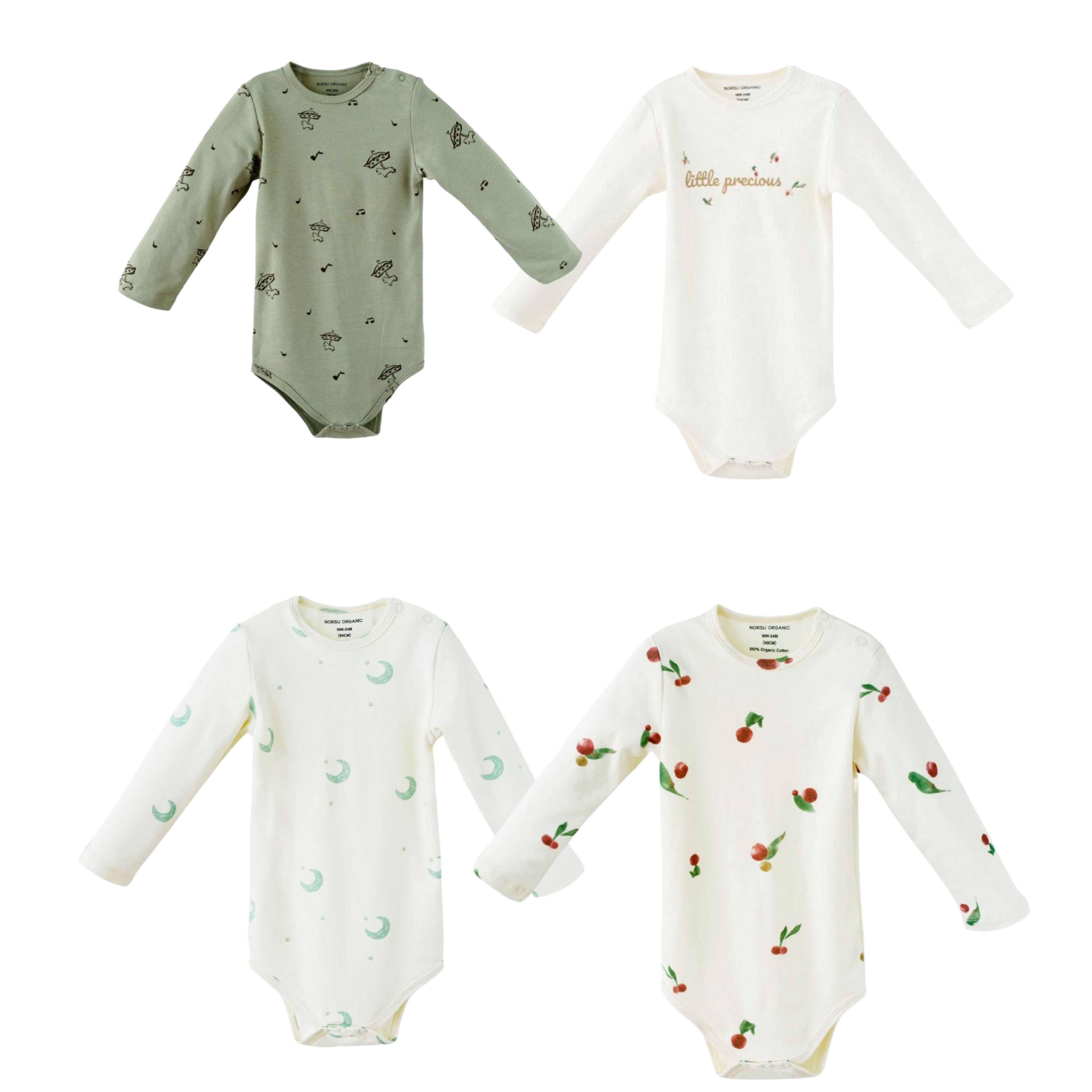 Four baby bodysuits with fruit pattern on a white background