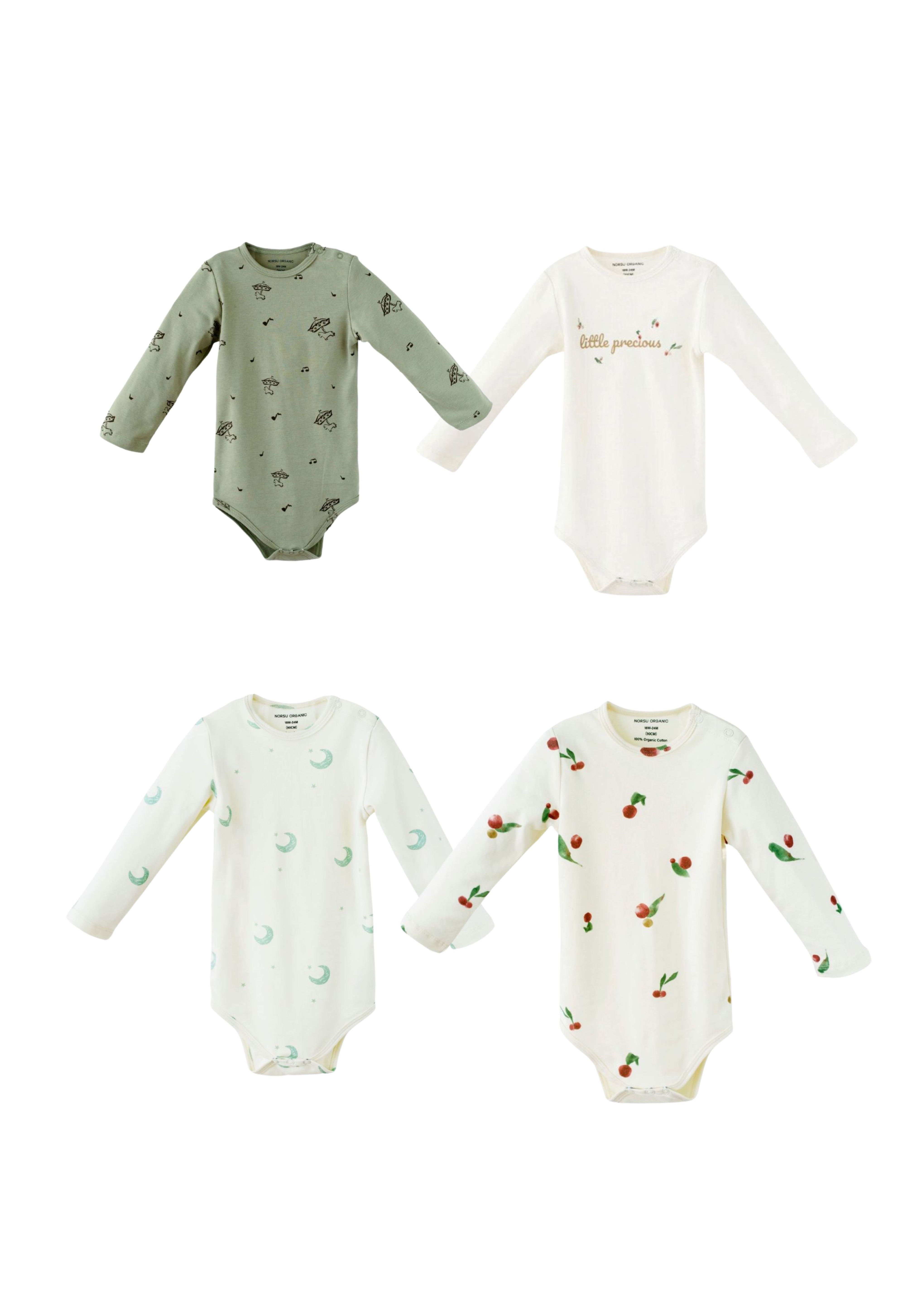 Four baby bodysuits with fruit pattern on a white background