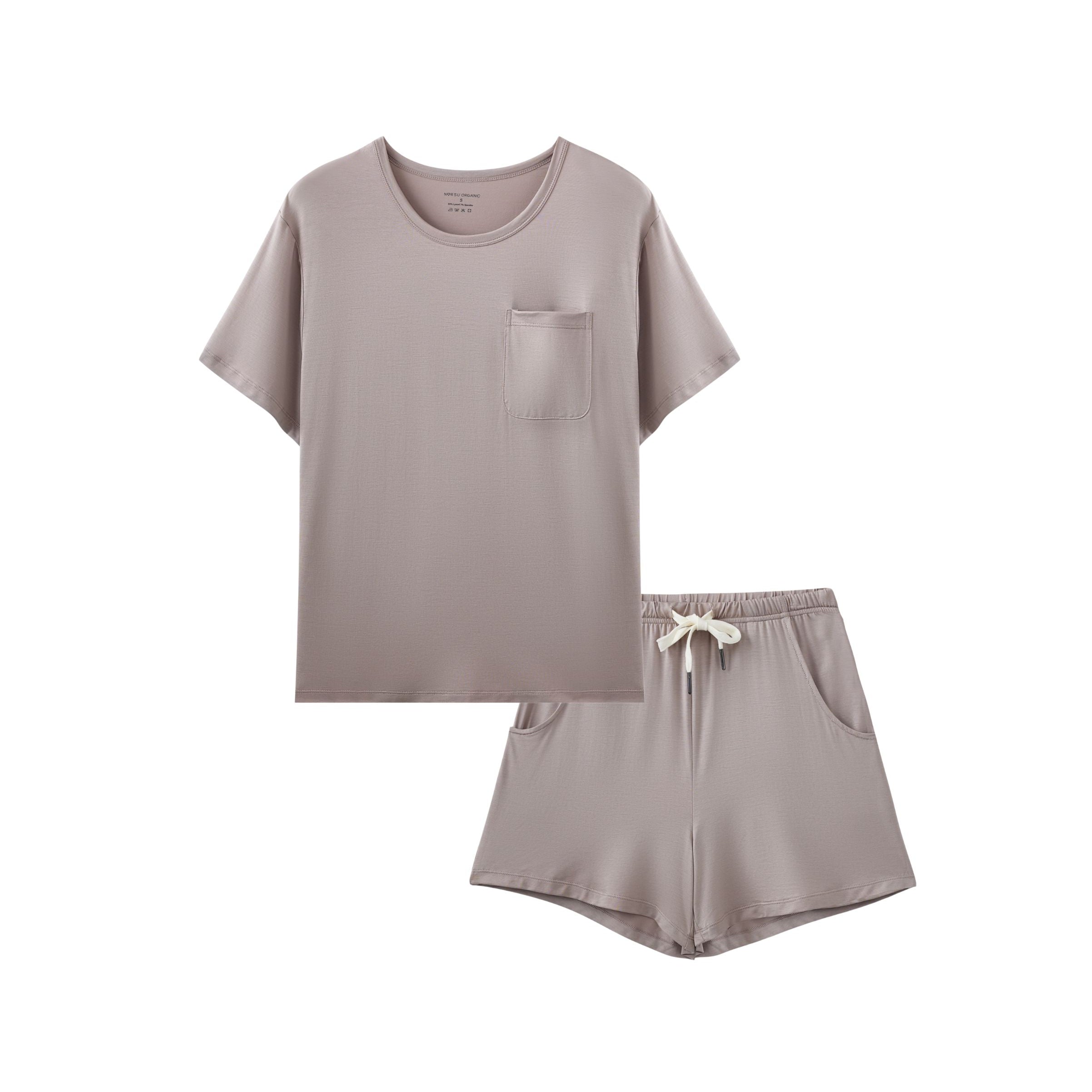 Mauve pajama set with t-shirt and shorts on a white background