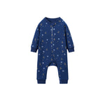 A baby long-sleeve footless one-piece jumpsuit in navy blue, featuring a repeating pattern of small yellow birds and white dots, displayed on a solid white background.