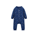 A baby long-sleeve footless one-piece jumpsuit in navy blue, featuring a repeating pattern of small yellow birds and white dots, displayed on a solid white background.