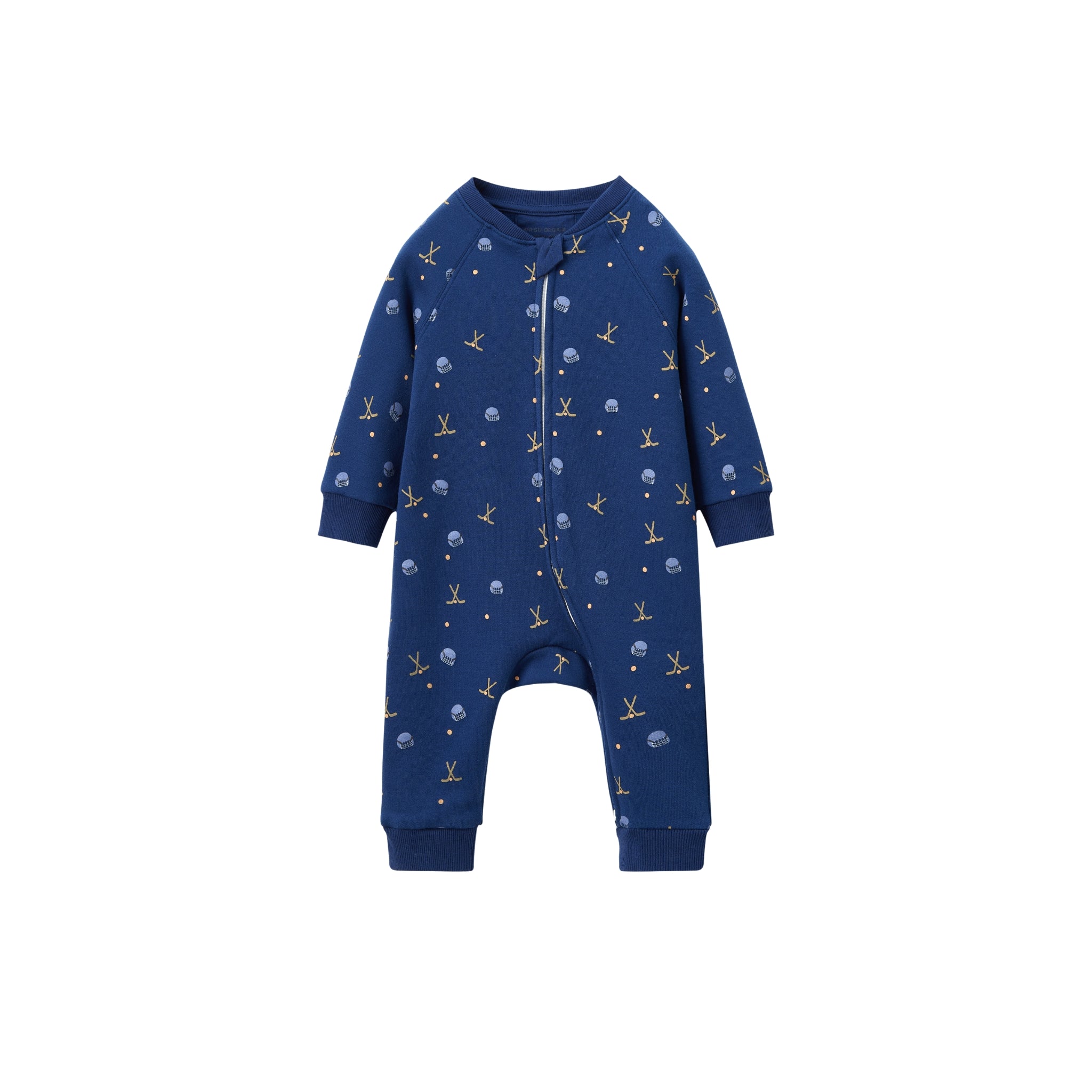 A baby long-sleeve footless one-piece jumpsuit in navy blue, featuring a repeating pattern of small yellow birds and white dots, displayed on a solid white background.