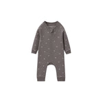A baby long-sleeve footless one-piece romper in dark gray with a small white polka dot pattern, shown against a plain white background.