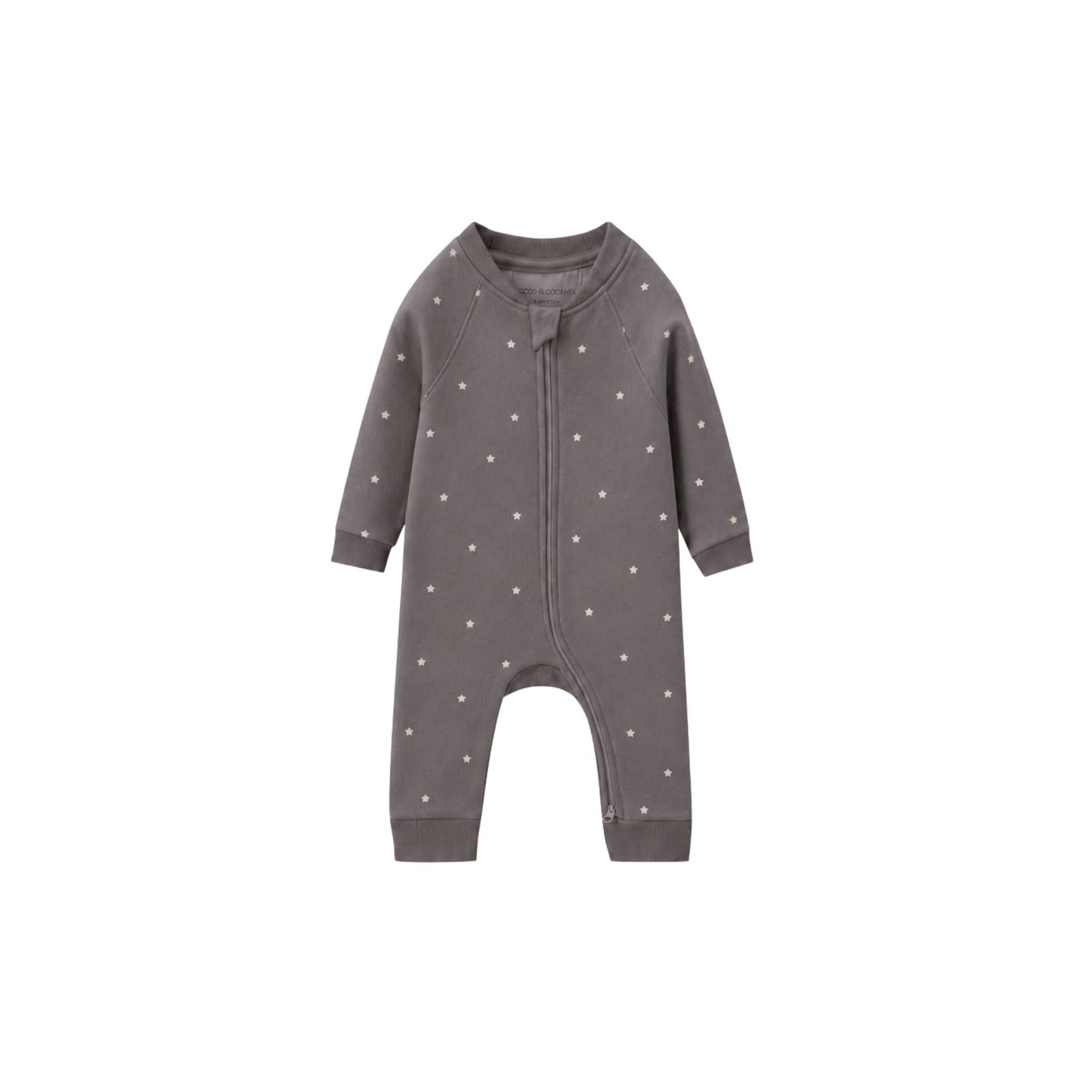A baby long-sleeve footless one-piece romper in dark gray with a small white polka dot pattern, shown against a plain white background.