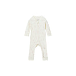 An off-white long-sleeve baby footless one-piece sleeper with a subtle pink and yellow floral pattern, featuring a front zipper closure.