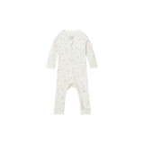 An off-white long-sleeve baby footless one-piece sleeper with a subtle pink and yellow floral pattern, featuring a front zipper closure.
