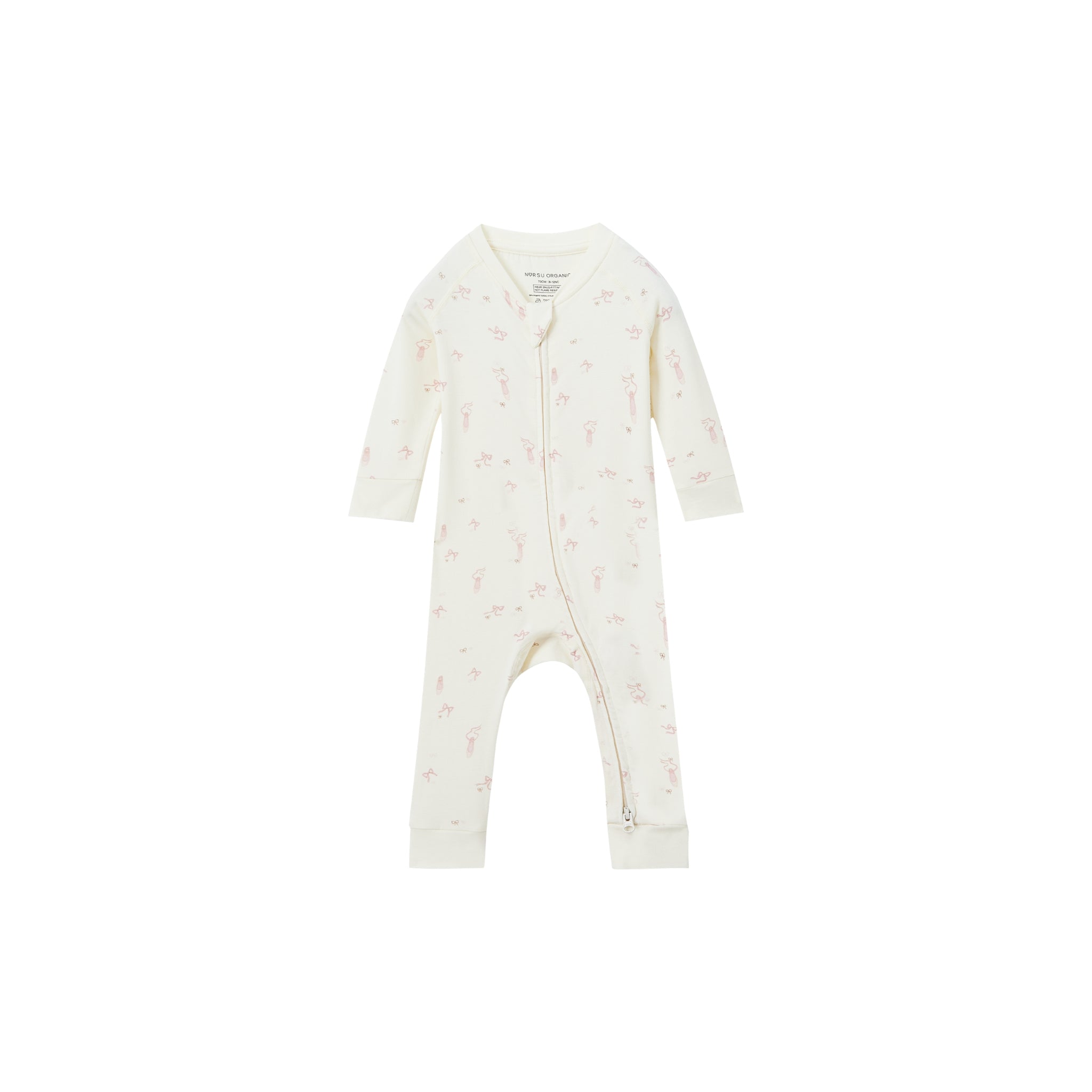 An off-white long-sleeve baby footless one-piece sleeper with a subtle pink and yellow floral pattern, featuring a front zipper closure.