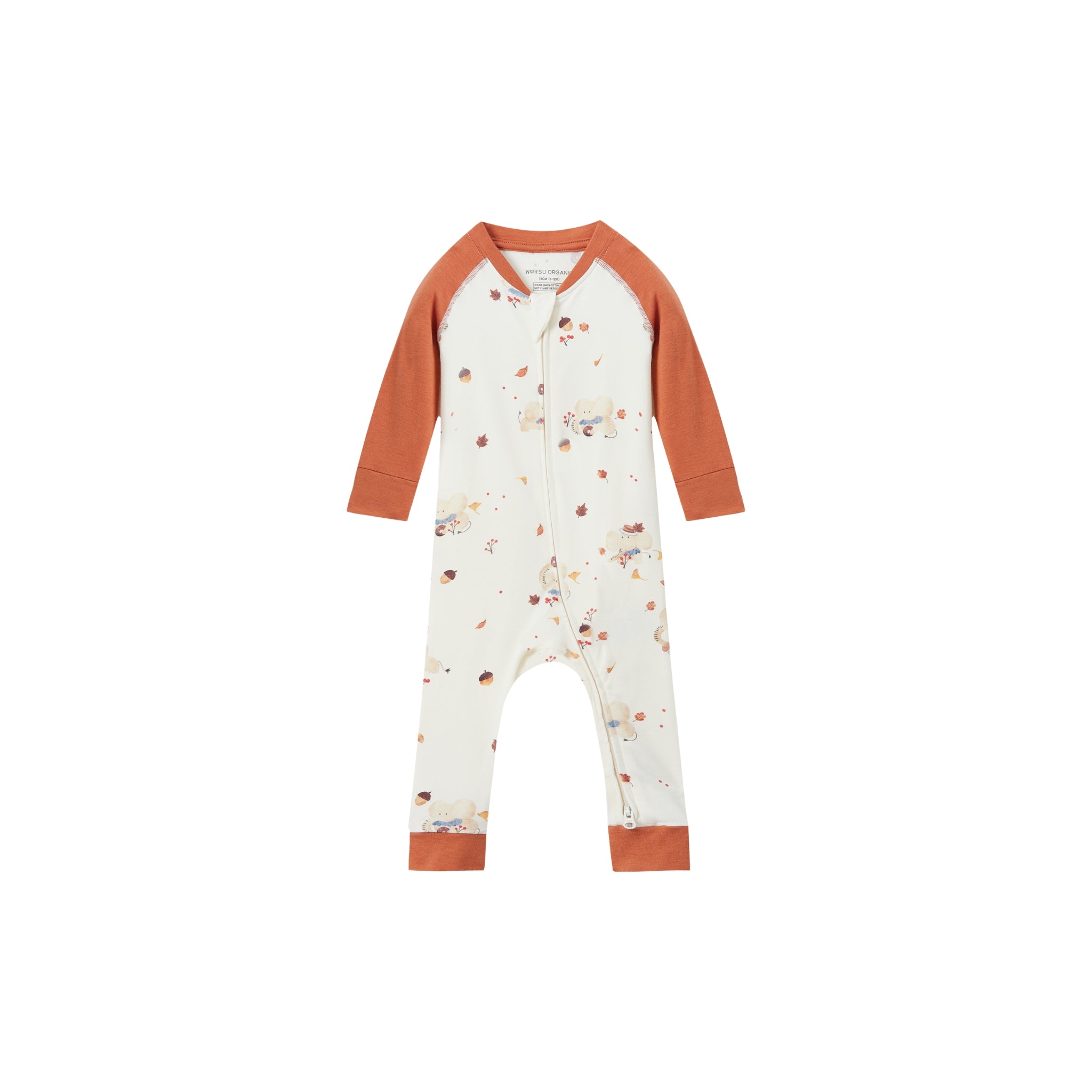 A baby long-sleeve footless one-piece jumpsuit in off-white with a small woodland animal and acorn print, featuring rust-orange raglan sleeves and cuffs, shown on a plain white background.