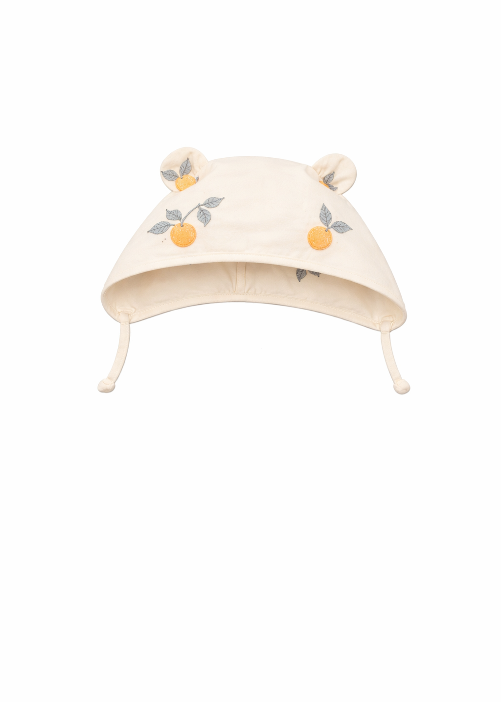 Baby hat with bear ears and orange design on a white background