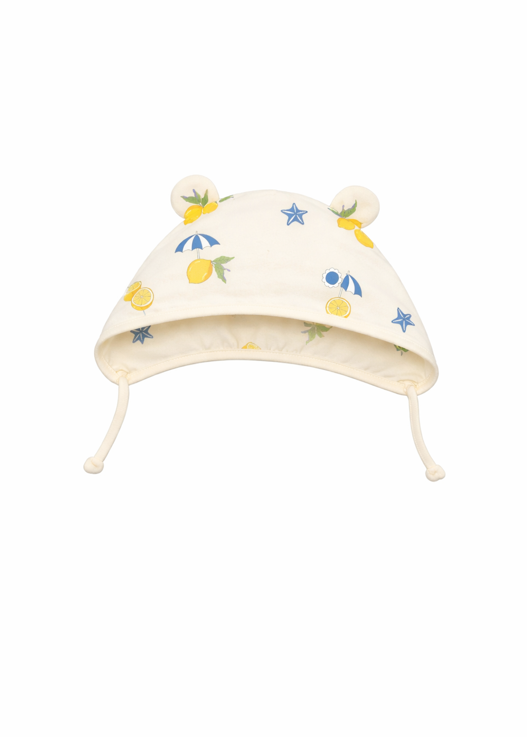 Baby hat with lemon and star pattern on a white background