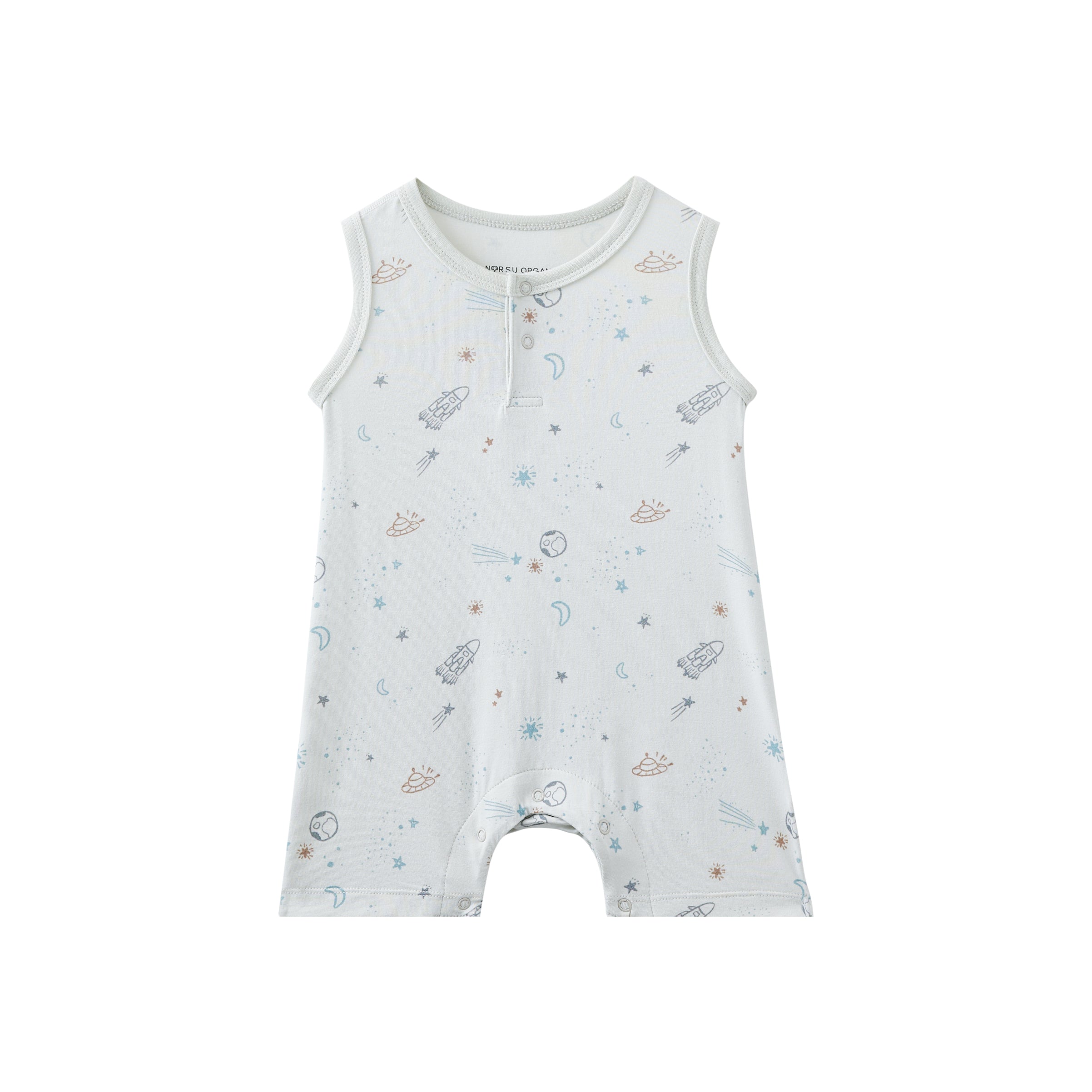 Baby romper with space-themed print on a white background