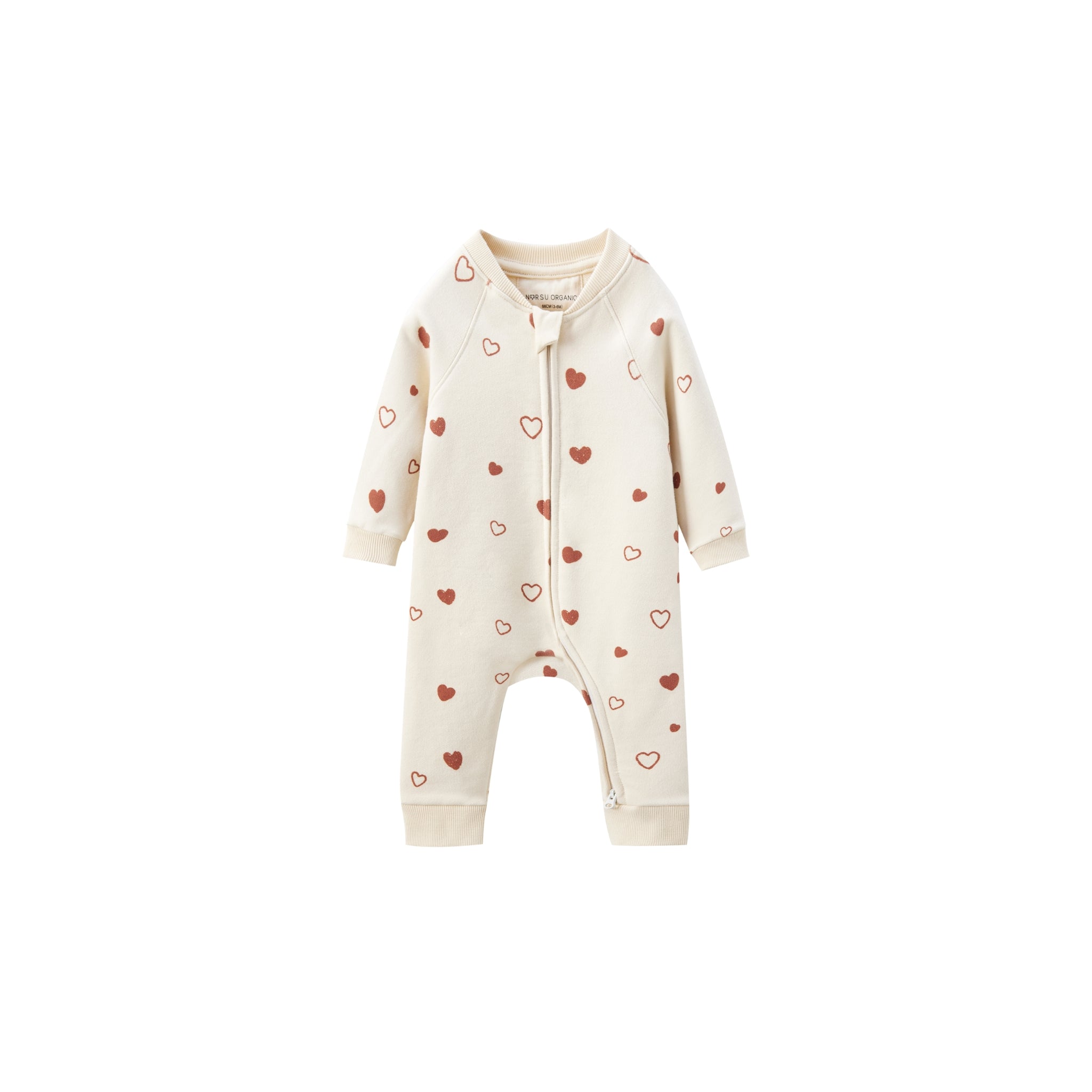 A long-sleeve baby romper in cream with a pattern of small red and pink hearts, featuring a front zipper and snap closure.
