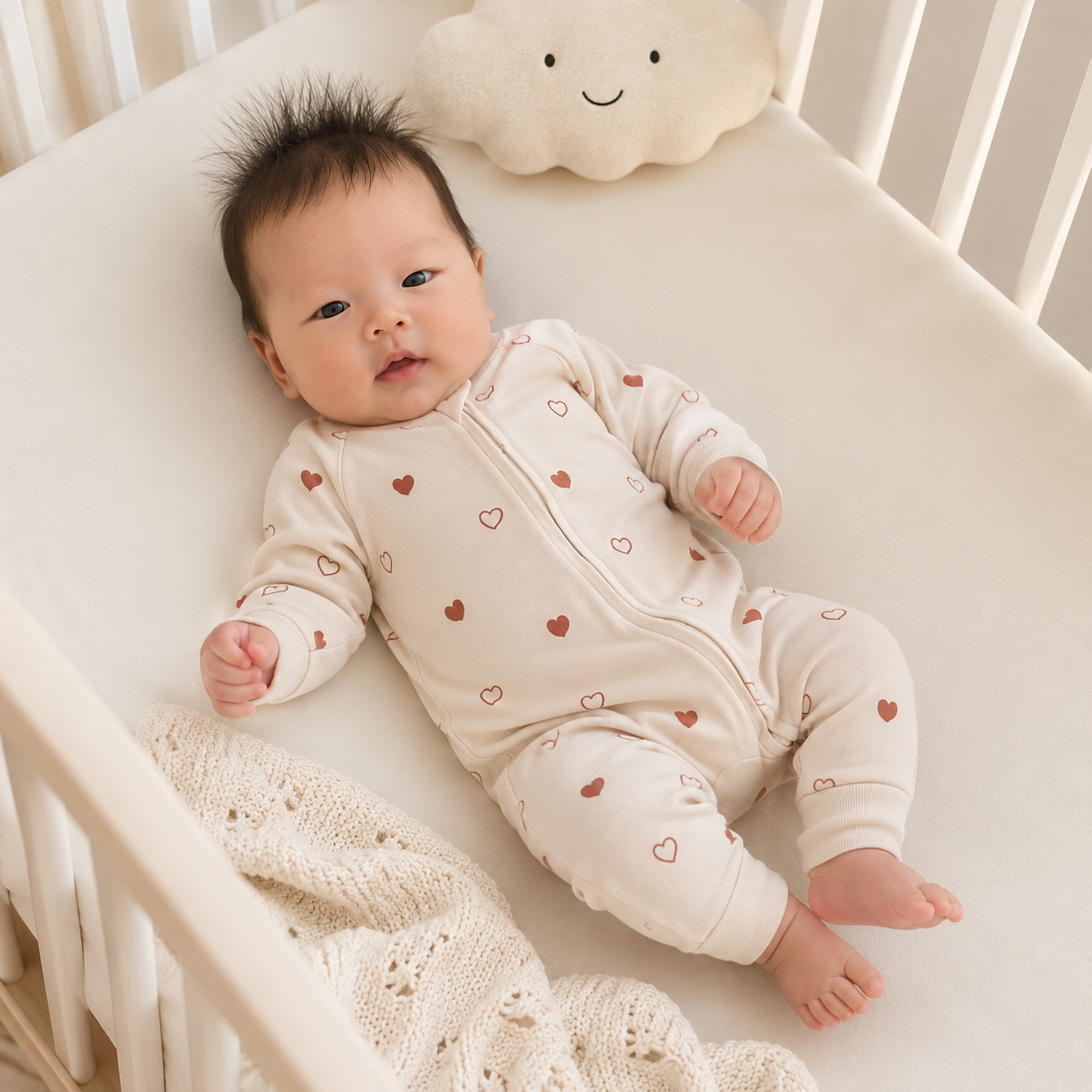 A baby lying on a cream-colored crib mattress, wearing a cream-colored footless zip-up sleeper with small brown heart prints. A matching cream knit blanket is draped nearby, and a white cloud-shaped toy with a smiley face rests at the top.