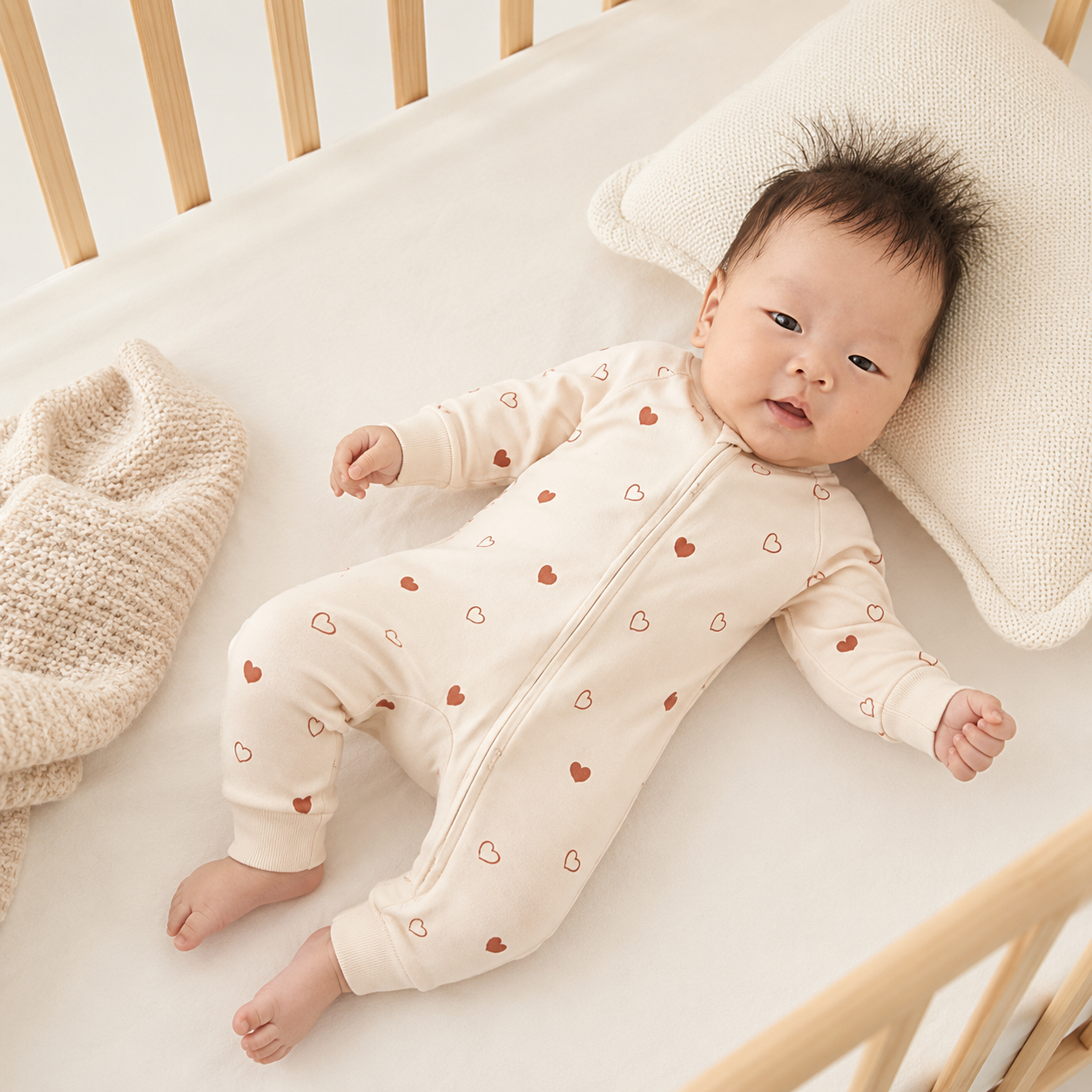 A baby lying on a white mattress in a wooden crib, wearing a cream-colored long-sleeve footless sleeper with a zipper and small brown heart pattern. A textured cream pillow and a knitted cream blanket are nearby.