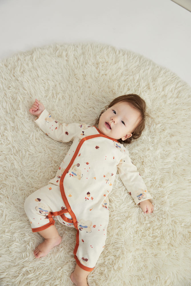 Baby laydown and wearing Baby Organic Kimono Sleeper-Maple Leaf