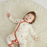 Baby laydown and wearing Baby Organic Kimono Sleeper-Maple Leaf