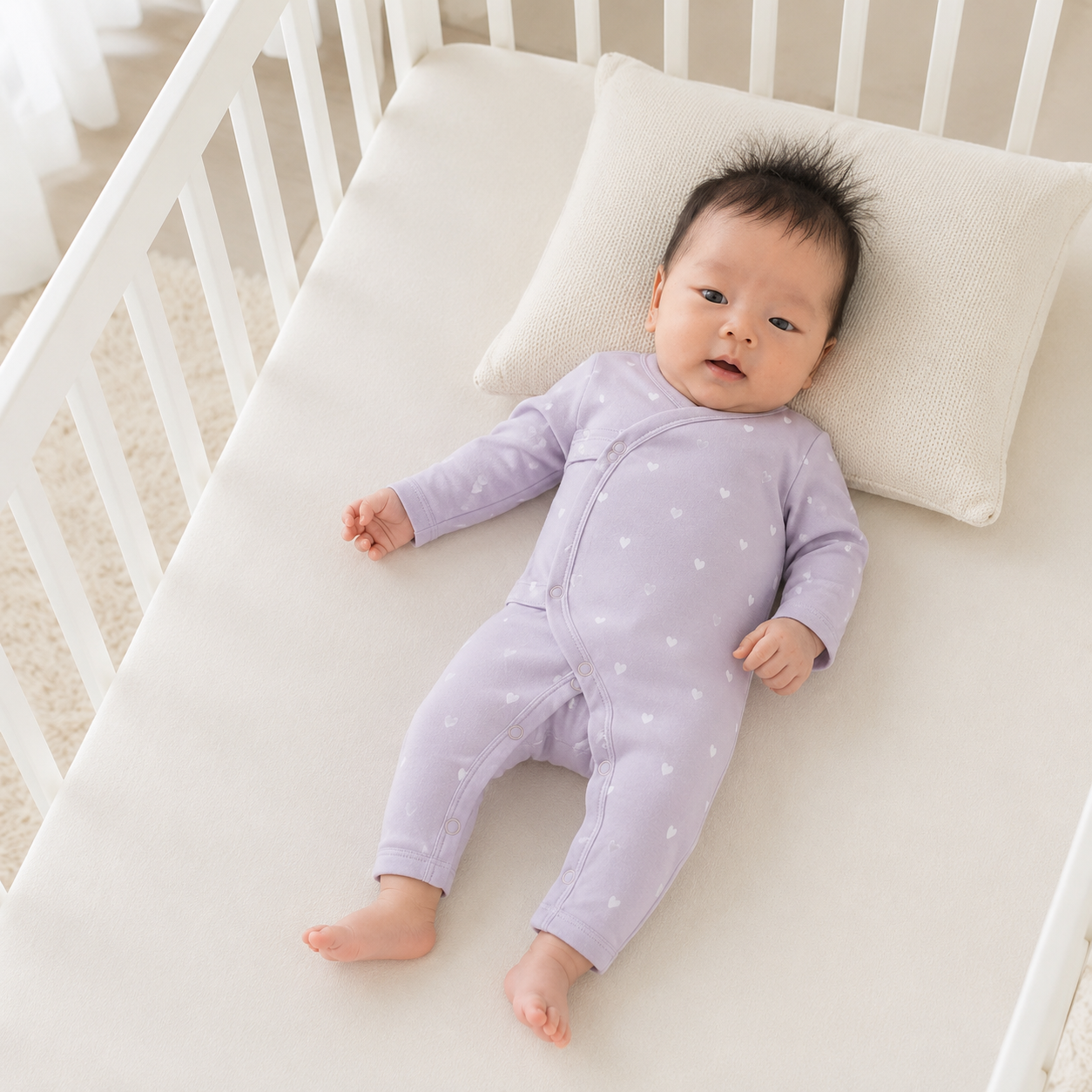 A baby lying on their back in a white crib, wearing a light purple long-sleeve footless sleeper with small white polka dots. A textured cream pillow is behind the baby's head.