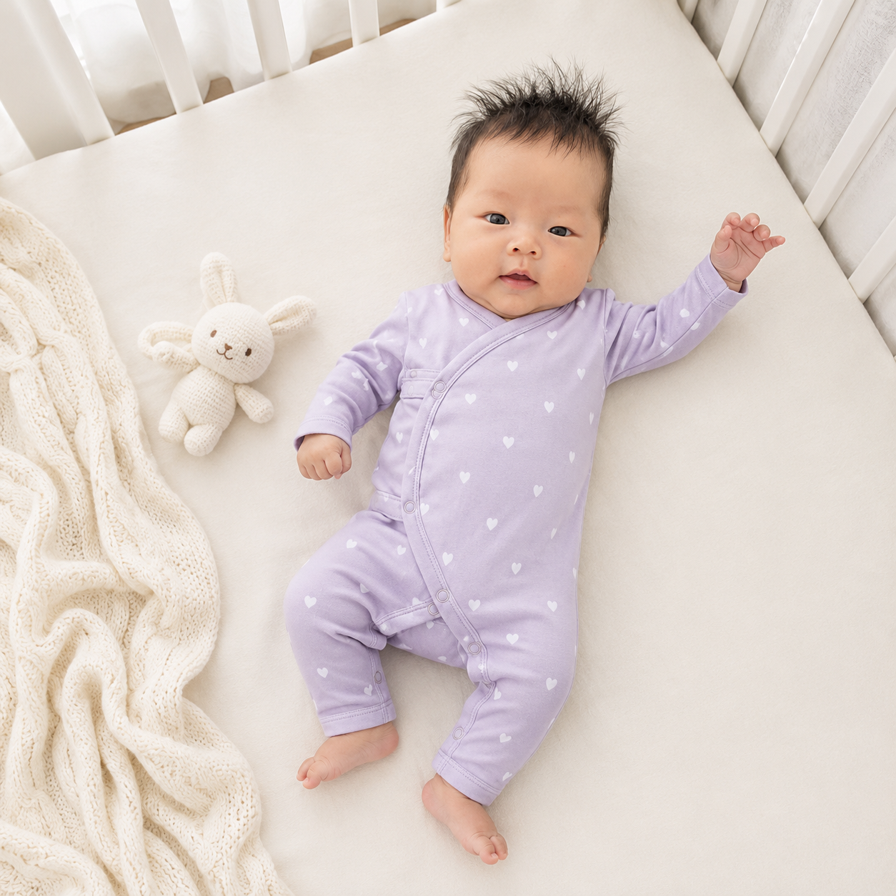 A baby lying on a white crib mattress wearing a light purple long-sleeve sleep suit with small white heart patterns. A small white plush bunny toy and a cream knit blanket are beside the baby.