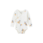 Baby onesie with fruit pattern on a white background