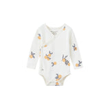 Baby onesie with fruit pattern on a white background