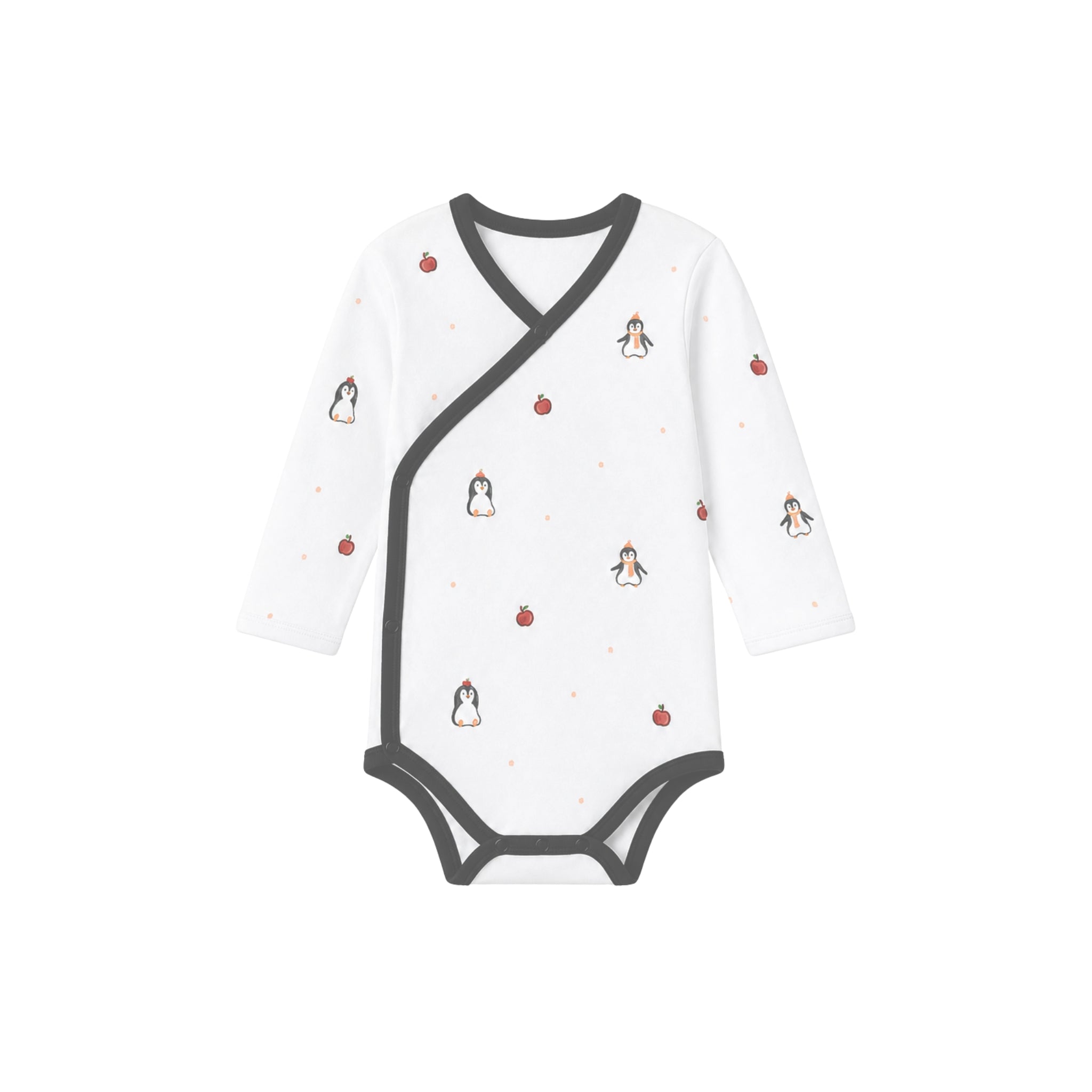 White baby onesie with penguin pattern on a white background