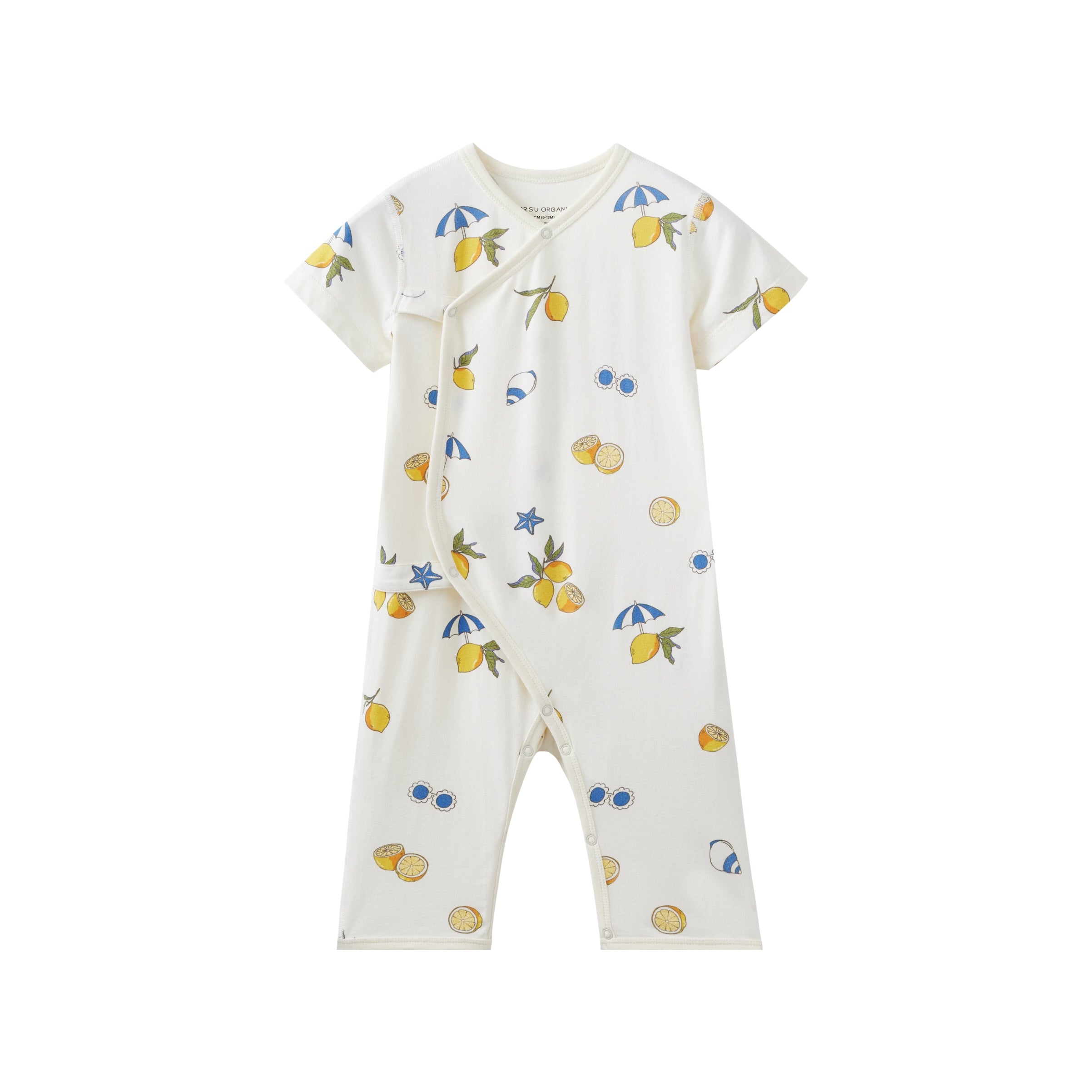 Baby romper with colorful patterns on a white background