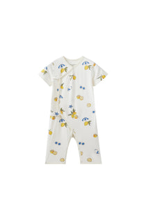 Baby romper with colorful patterns on a white background