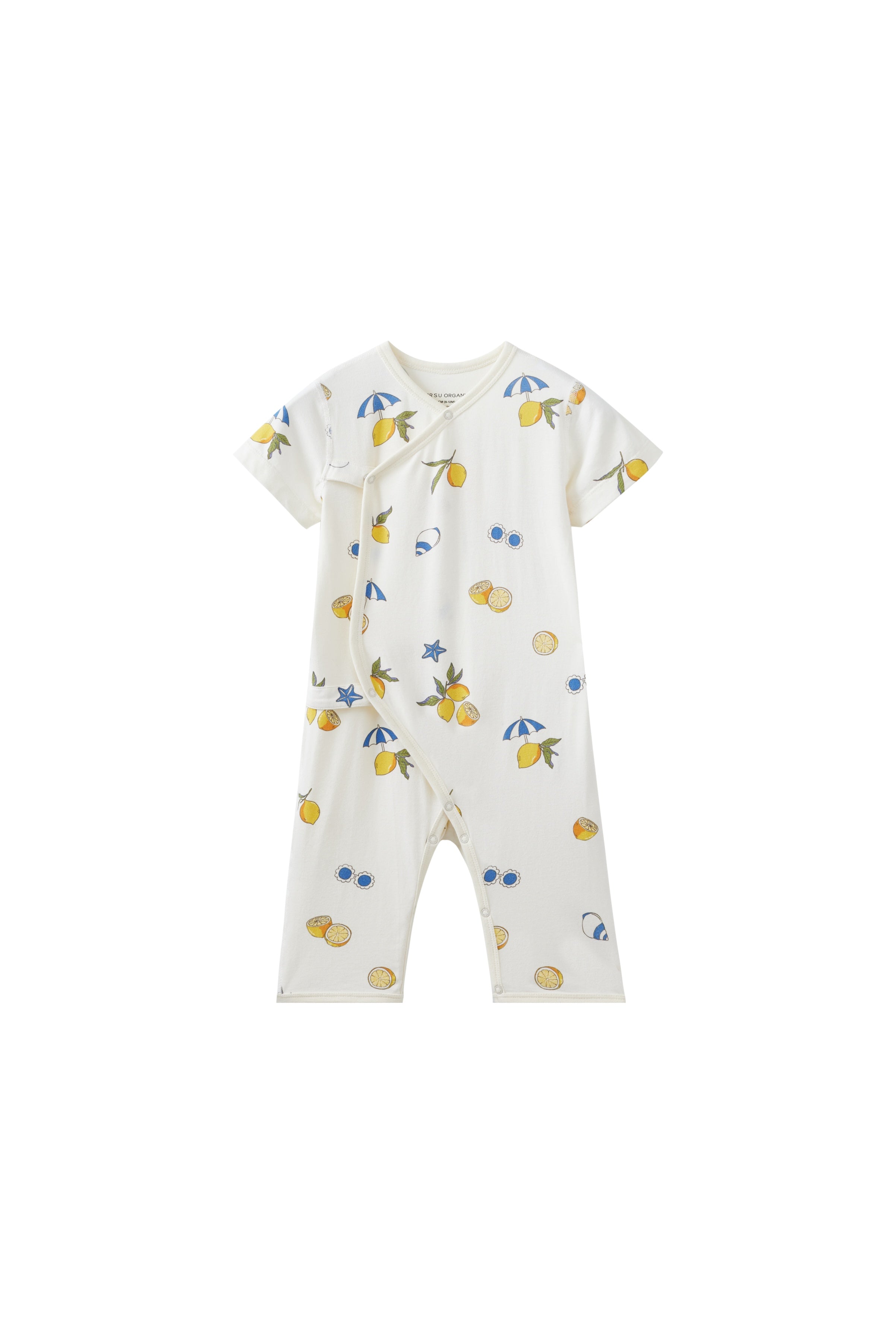 Baby romper with colorful patterns on a white background