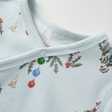 Light blue baby sleeper with Christmas-themed pattern on a white background