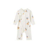 An off-white long-sleeve baby romper with a repeating print of orange fruits and blue-gray birds, shown against a plain white background.