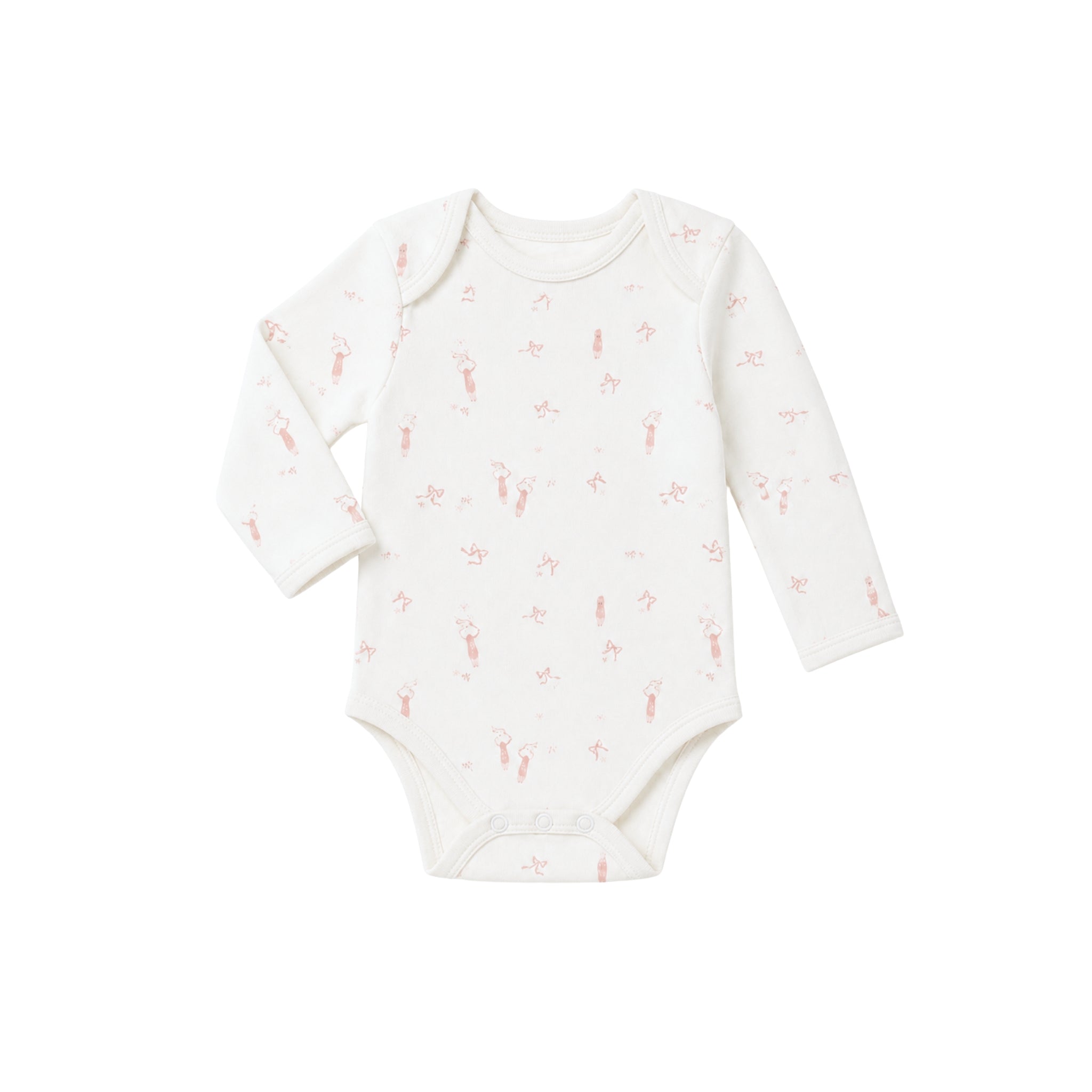 White baby onesie with pink floral pattern on a white background