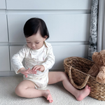 A baby sitting on a textured cream carpet in front of a white dresser, wearing a cream long-sleeve bodysuit with a tiny pink pattern. A woven basket with a brown teddy bear is on the right.