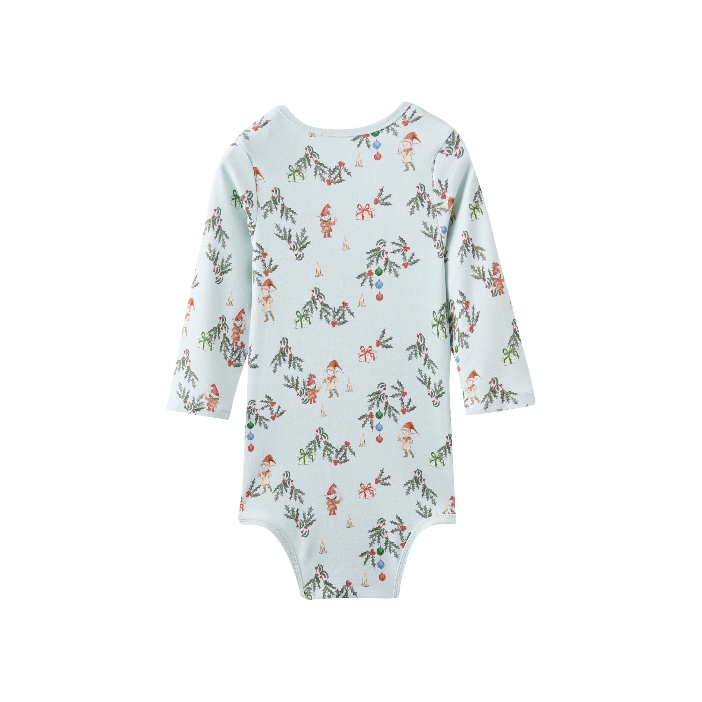 Baby onesie with elfs pattern on a white background