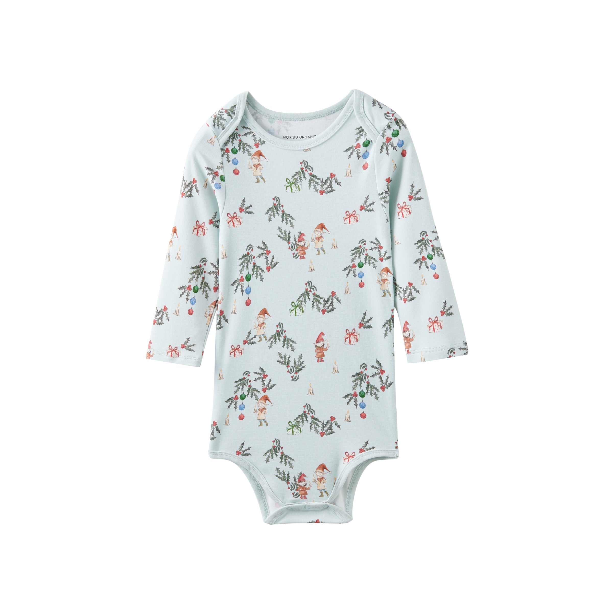 Baby onesie with elfs pattern on a white background