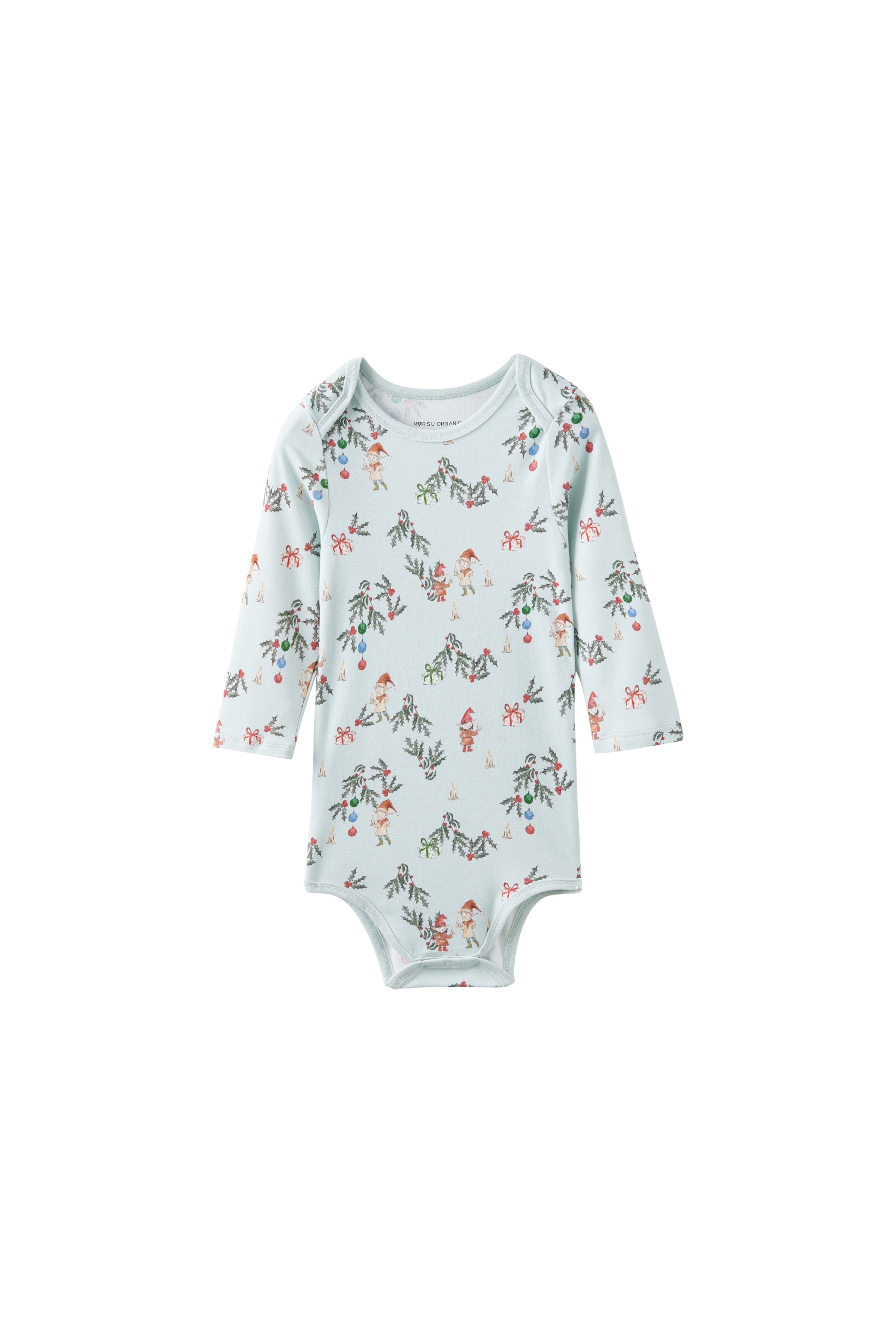 Baby onesie with elfs pattern on a white background