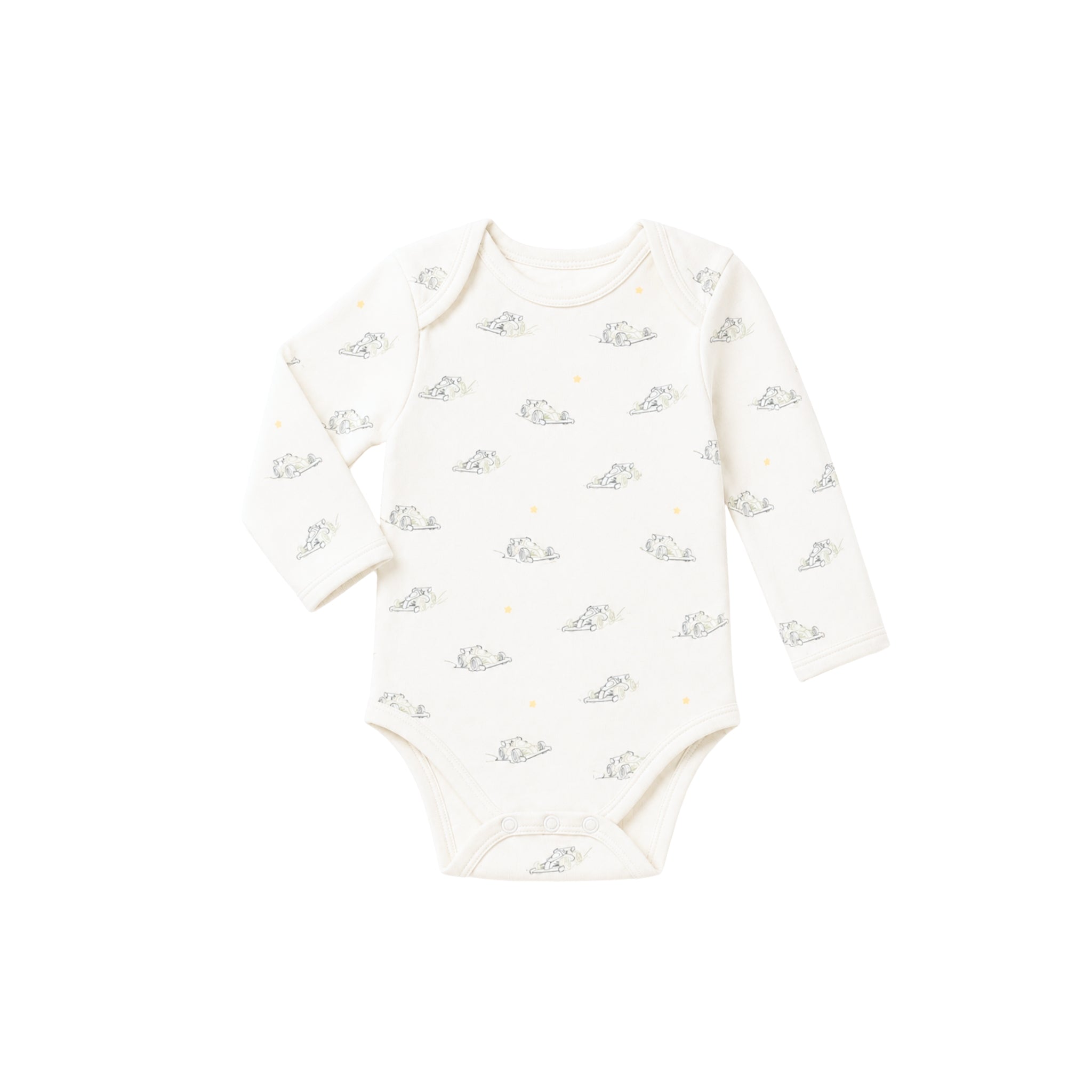 White baby onesie with small pattern on a white background