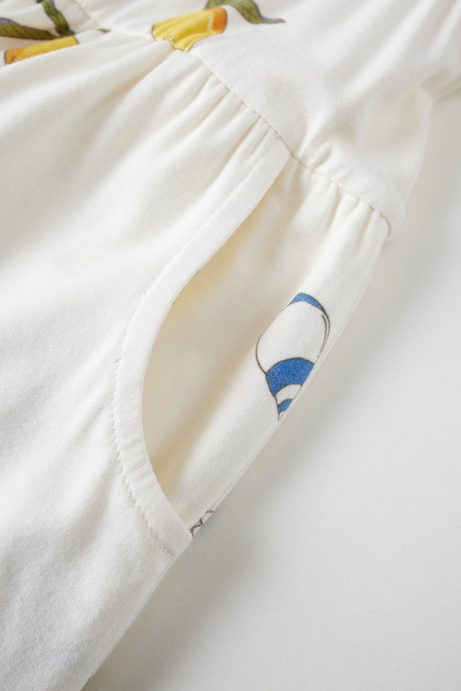 Close-up of a white garment with floral embroidery on a light background