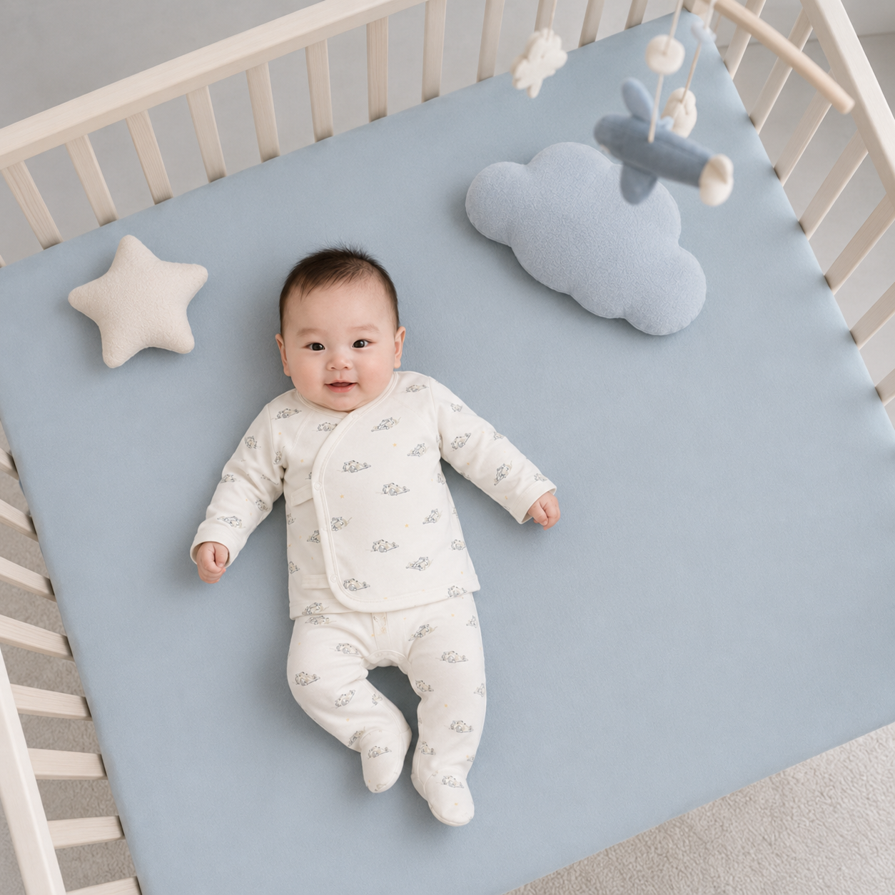 Baby lying on a blue mattress in a crib with decorative pillows and a mobile.