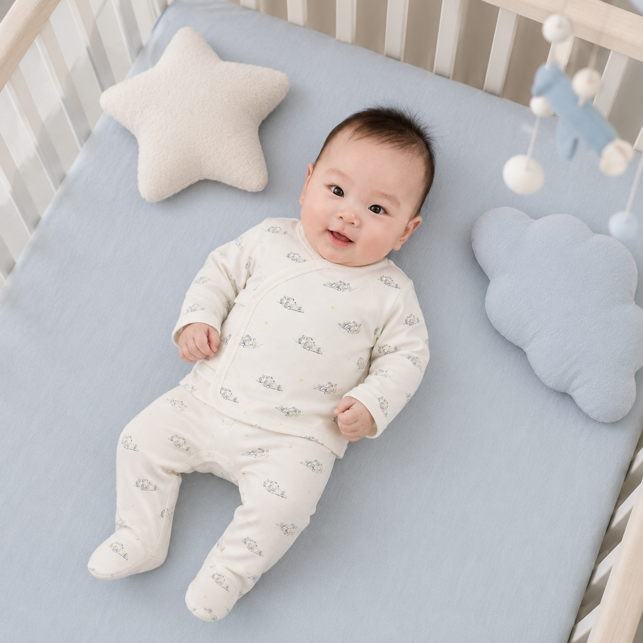 Baby lying on a crib with blue bedding, star pillow, and cloud-shaped pillow.